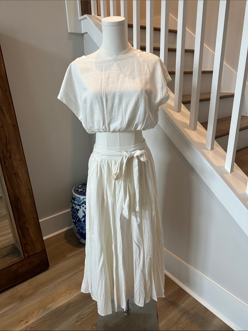 Lulu's Off-White linen like Tie-Waist Maxi Skirt and matching Crop top.